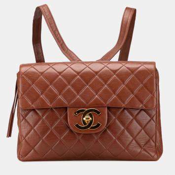 Pre Owned Chanel Brown Jumbo XL Quilted Lambskin Flap Backpack