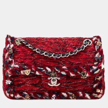 Pre Owned Chanel Red Small Classic Tweed Charm Double Flap