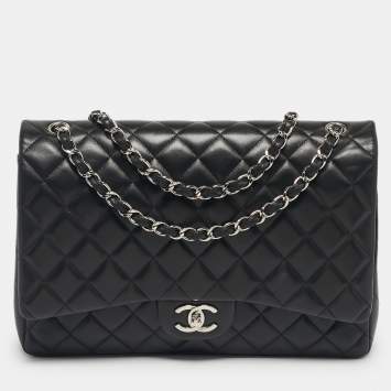 Pre Owned Chanel Black Quilted Leather Maxi Classic Double Flap Bag