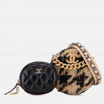Pre Owned Chanel Brown Tweed 19 Round Clutch with Chain and Coin Purse