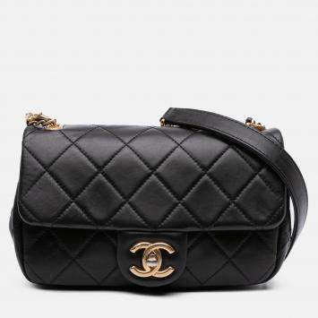 Pre Owned Chanel Black Mini Quilted Calfskin Crystal Pearls Chain Flap