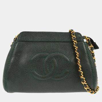 Pre Owned Chanel Green Calfskin Chain Shoulder Bag