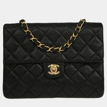 Pre Owned Chanel Black Lambskin Classic Square Flap Shoulder Bag