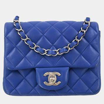 Pre Owned Chanel Blue Lambskin Mini Classic Square Flap Shoulder Bag