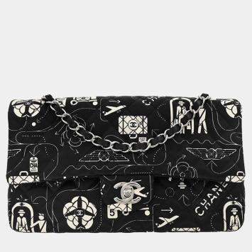 Pre Owned Chanel Black Satin Airline Medium Classic Double Flap Shoulder Bag