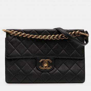 Pre Owned Chanel Black Jumbo CC Quilted Caviar Chunky Chain Flap