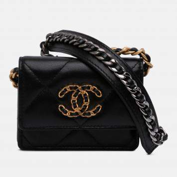 Pre Owned Chanel Black Lambskin 19 Flap Coin Purse With Chain