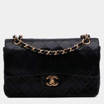 Pre Owned Chanel Black Small Classic Lambskin Double Flap