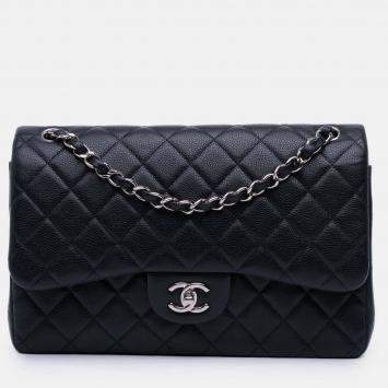 Pre Owned Chanel Navy Blue Jumbo Classic Caviar Double Flap