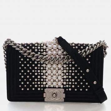 Pre Owned Chanel Medium Pearl Embellished Satin Boy Bag