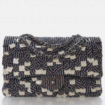 Pre Owned Chanel Medium Blue/White Denim Classic Double Flap Bag