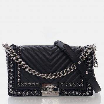 Pre Owned Chanel Medium Braided Chain Around Black Calkskin Boy Bag