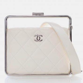 Pre Owned Chanel White Lambskin Metal Bar Flap Bag