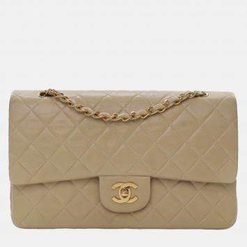 Pre Owned Chanel Beige Medium Classic Lambskin Double Flap