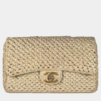 Pre Owned Chanel Medium Classic Single Flap Bag in Crochet Raffia