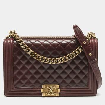 Pre Owned Chanel Navy Burgundy Quilted Leather New Medium Boy Paris- Salzburg Flap Bag