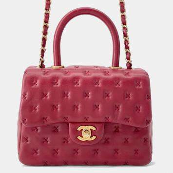 Pre Owned Chanel Coco Handle 2Way Handbag Red Lambskin Size Small