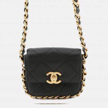 Pre Owned Chanel Matelasseflap Bag Chain shoulder Bag Black Calf Leather Size Mini