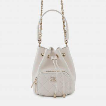 Pre Owned Chanel Matelasse White Caviar Leather Mini 2 Way Chain Bucket