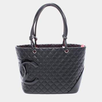 Pre Owned Chanel Cambon Line Large Shoulder Tote Bag Leather Black