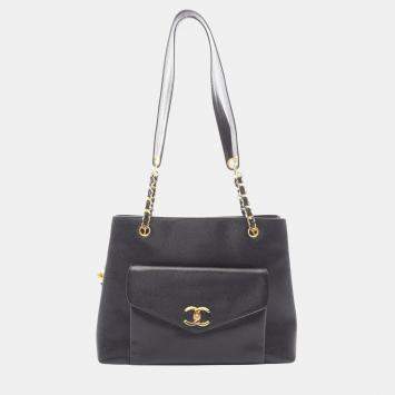 Pre Owned Chanel Cc Logo Chain Shoulder Tote Bag Calfskin Black