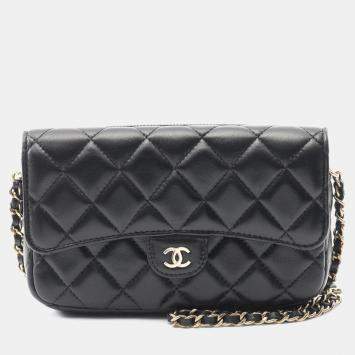 Pre Owned Chanel Matelasse Chain Phone Case Woc Shoulder Bag Lamb Leather Black