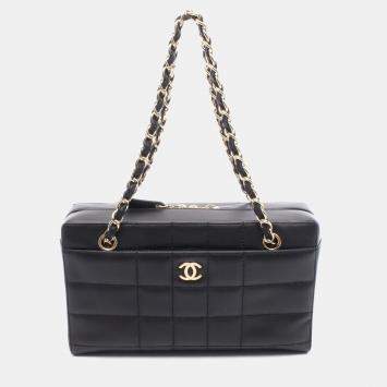 Pre Owned Chanel Chocolate Bar Chain Shoulder Bag Lambskin Black  Cc