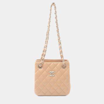 Pre Owned Chanel Bucket Mini Beige Lambskin Shoulder Bag