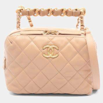 Pre Owned Chanel Matelasse Small Bowling Hand Shoulder Bag Leather Beige