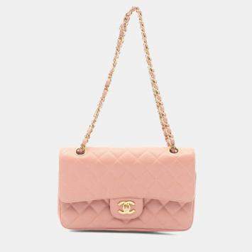 Pre Owned Chanel Matelasse Double Flap Chain Shoulder Bag Calfskin Pink