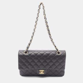 Pre Owned Chanel Matelasse Double Flap Chain Shoulder Bag Lambskin Black