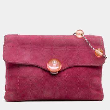 Pre Owned Chanel Pink CC Choco Bar Suede Beaded Chain Flap