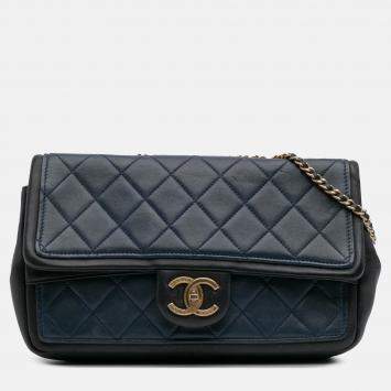 Pre Owned Chanel Blue Medium Bicolor Calfskin Graphic Flap