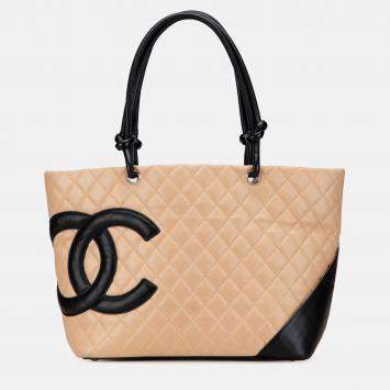 Pre Owned Chanel Brown Large Quilted Lambskin Cambon Ligne Tote