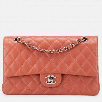 Pre Owned Chanel Orange Medium Classic Lambskin Double Flap