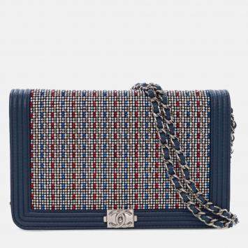 Pre Owned Chanel Blue Crystal Embellished Lambskin Boy Wallet On Chain