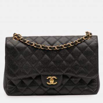 Pre Owned Chanel Black Jumbo Classic Caviar Double Flap