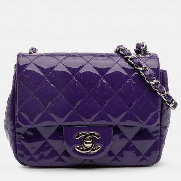 Pre Owned Chanel Purple Mini Square Classic Patent Single Flap Bag