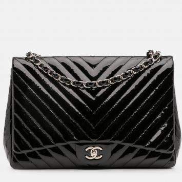 Pre Owned Chanel Black Maxi Classic Chevron Patent Single Flap Bag