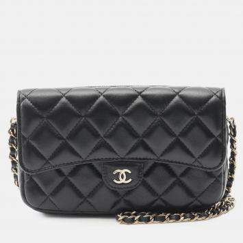 Pre Owned Chanel Black CC Quilted Lambskin Flap Phone Holder Wallet on Chain