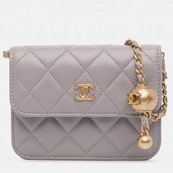 Pre Owned Chanel Grey Mini Lambskin Pearl Crush Clutch On Chain