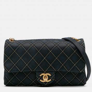 Pre Owned Chanel Navy Blue Medium Quilted Calfskin Triple Stitched Flap