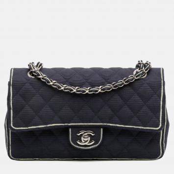 Pre Owned Chanel Navy Blue Medium Classic Printed Grosgrain Double Flap