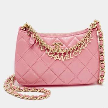 Pre Owned Chanel Metallic Pink Quilted Leather Charms Hobo