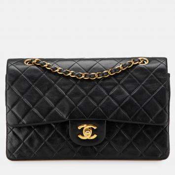 Pre Owned Chanel Black Medium Classic Lambskin Double Flap
