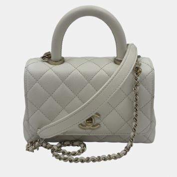 Pre Owned Chanel White Quilted Caviar Leather Mini Coco Top Handle Bag