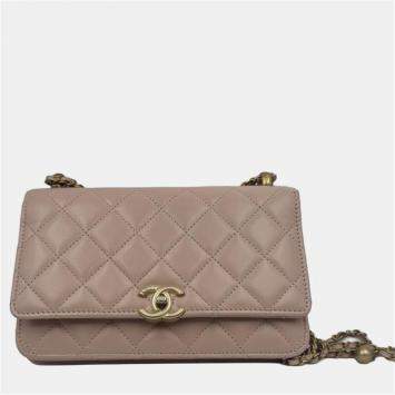 Pre Owned Chanel Beige Quilted Leather CC Wallet on Chain Bag