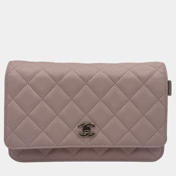 Pre Owned Chanel Light Pink Quilted Caviar Leather CC Wallet on Chain