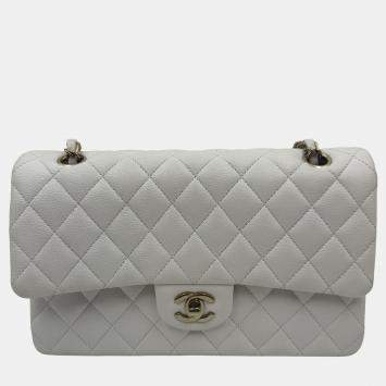 Pre Owned Chanel White Caviar Leather Classic Medium Double Flap Shoulder Bag