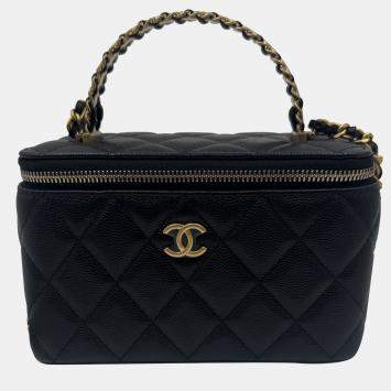Pre Owned Chanel Vanity Chain Black Caviar Leather Handle Bag